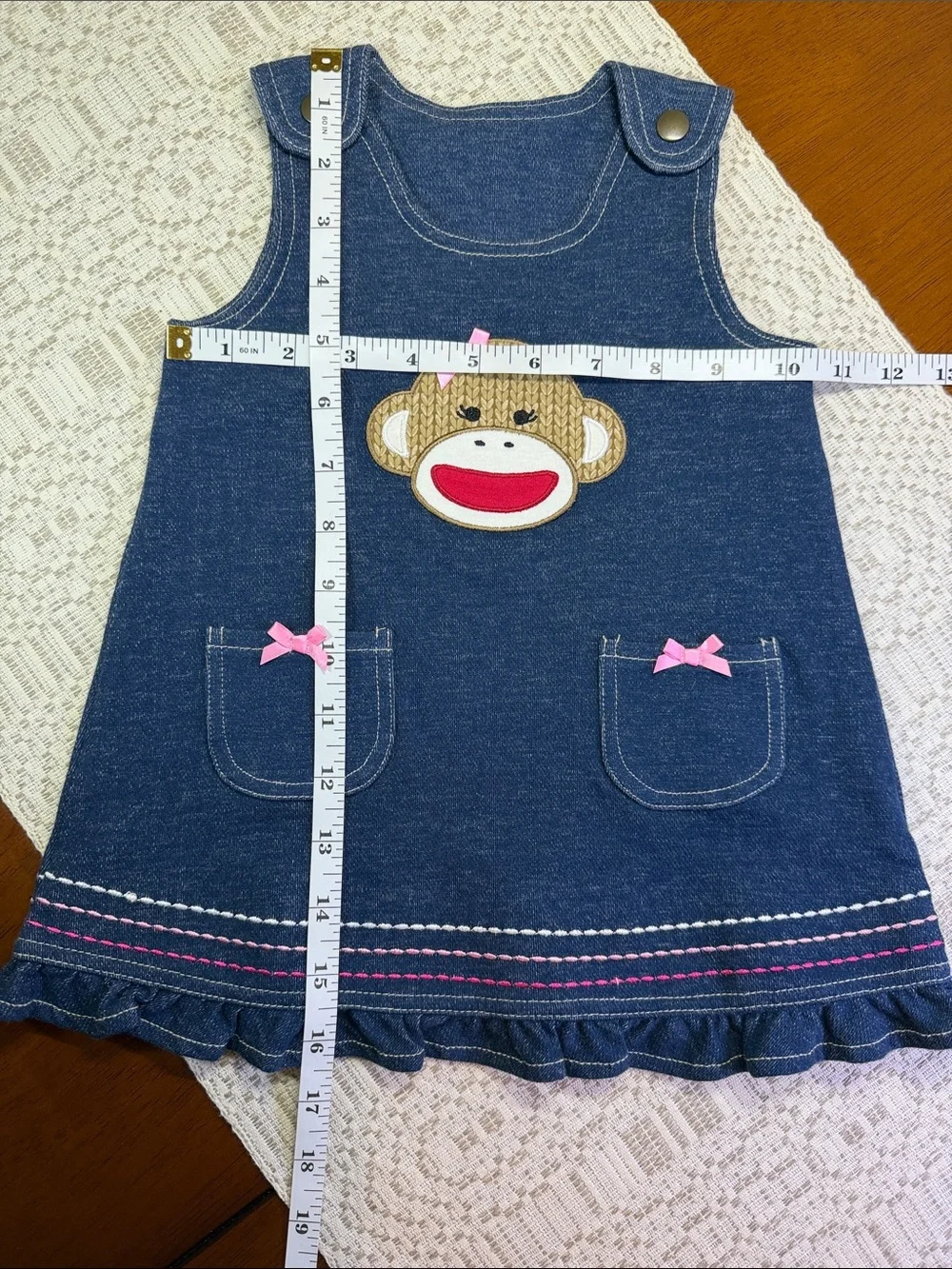 Sleeveless Girl's Dress with Sock Monkey Applique and Pink Accents